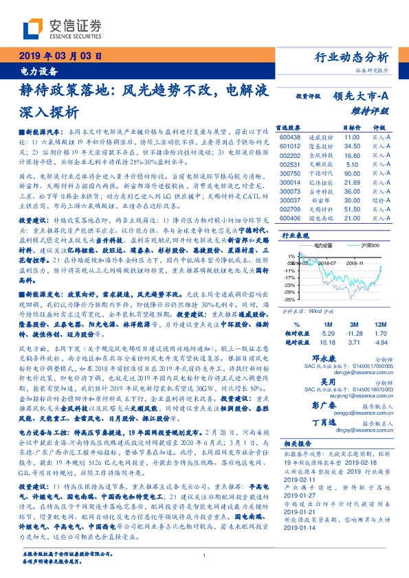 电力设备行业动态分析：静待政策落地：风光趋势不改，电解液深入探析