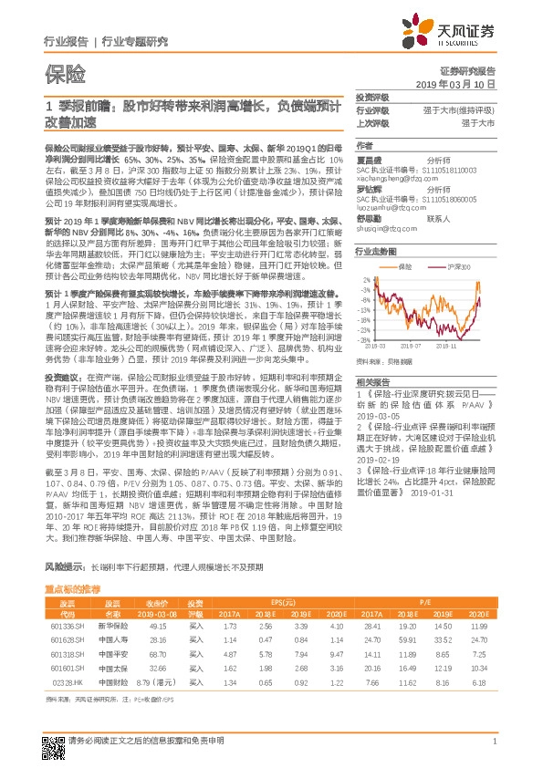 保险行业专题研究：1季报前瞻：股市好转带来利润高增长，负债端预计改善加速