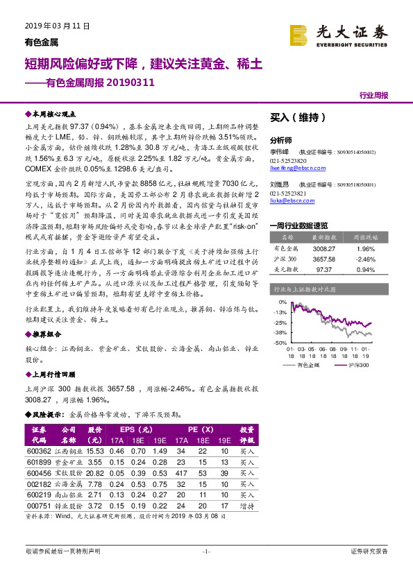 有色金属周报：短期风险偏好或下降，建议关注黄金、稀土