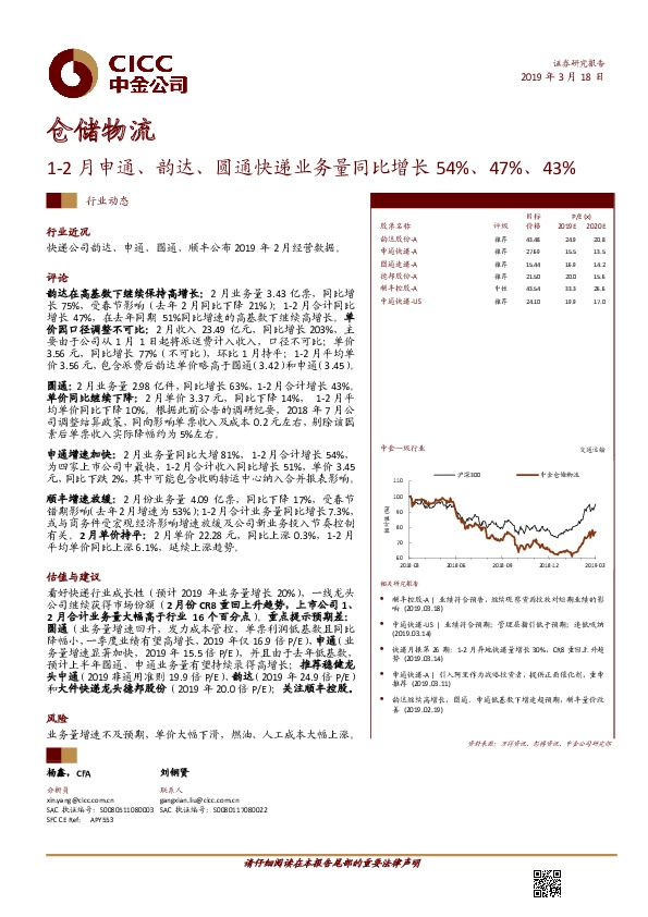仓储物流行业动态：1-2月申通、韵达、圆通快递业务量同比增长54%、47%、43%