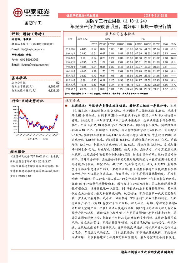 国防军工行业周报：年报资产负债表改善明显，看好军工板块一季报行情