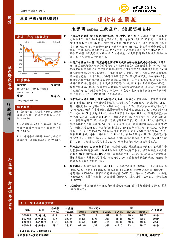 通信行业周报：运营商capex止跌反升，5G获明确支持