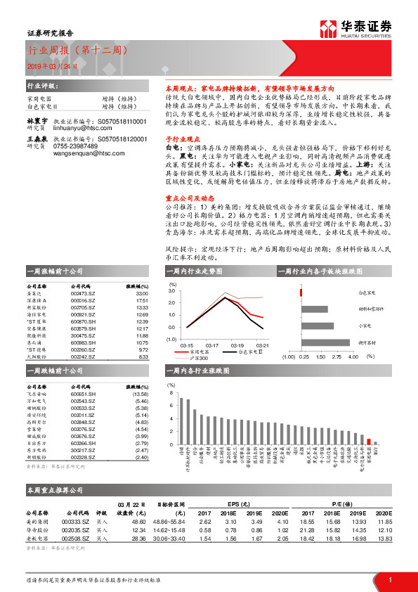 家用电器行业周报（第十二周）