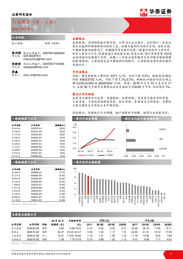 轻工制造行业周报（第十二周）