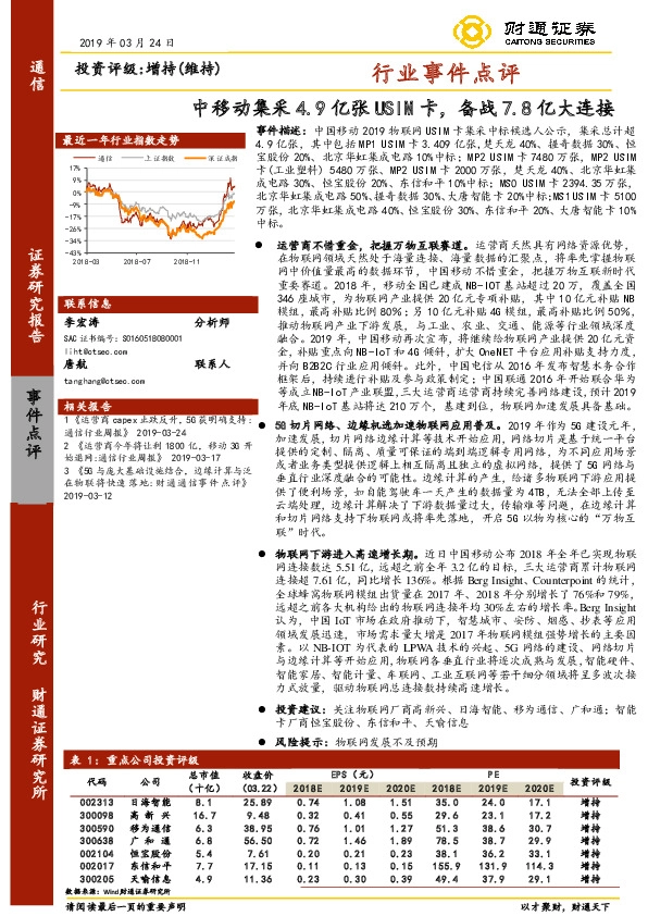 通信行业事件点评：中移动集采4.9亿张USIM卡，备战7.8亿大连接