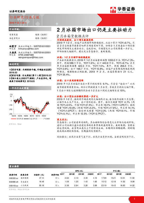 2月冰箱货数据点评：2月冰箱市场出口仍是主要拉动力