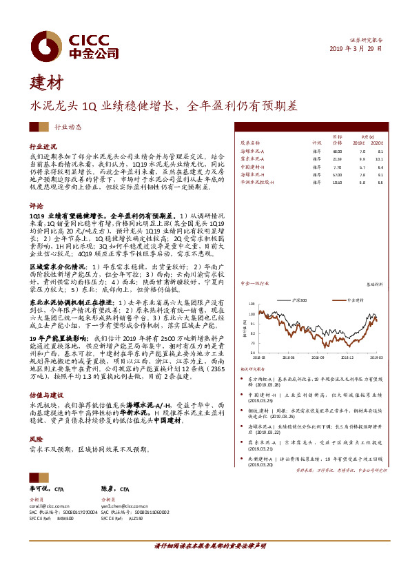 建材行业动态：水泥龙头1Q业绩稳健增长，全年盈利仍有预期差
