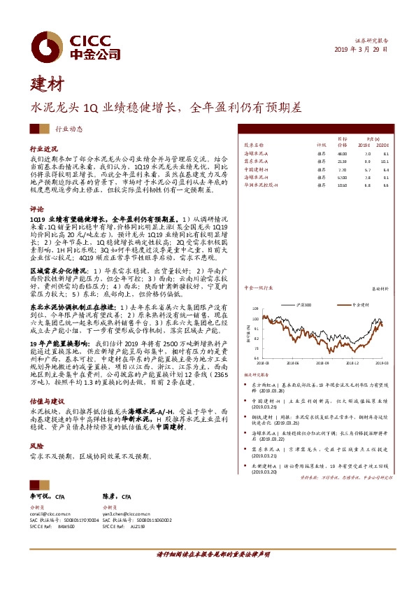 建材行业动态：水泥龙头1Q业绩稳健增长，全年盈利仍有预期差