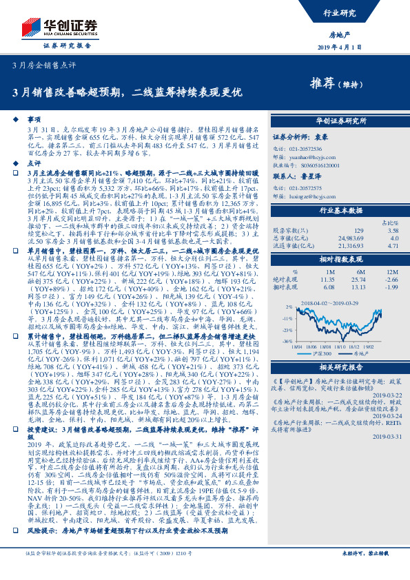 房地产3月份房企销售点评：3月销售改善略超预期，二线蓝筹持续表现更优
