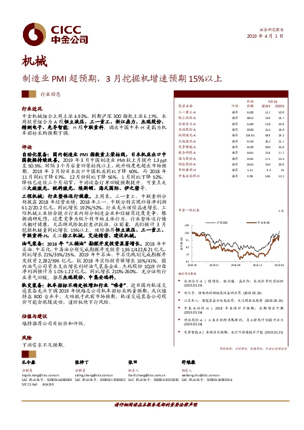 机械行业动态：制造业PMI超预期，3月挖掘机增速预期15%以上