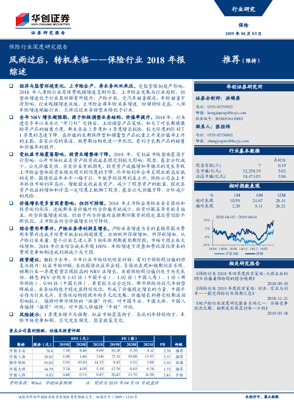 保险行业2018年报综述：风雨过后，转机来临