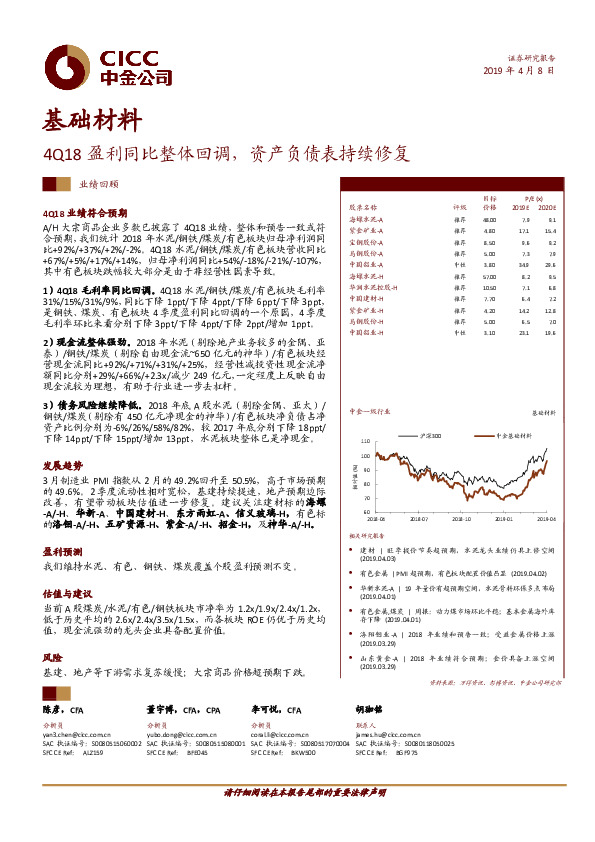 基础材料：4Q18盈利同比整体回调，资产负债表持续修复