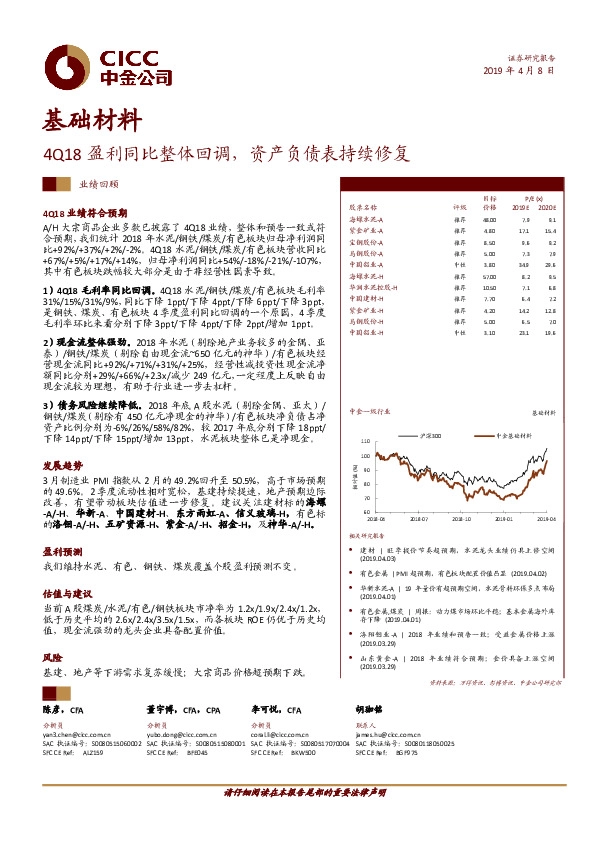 基础材料：4Q18盈利同比整体回调，资产负债表持续修复