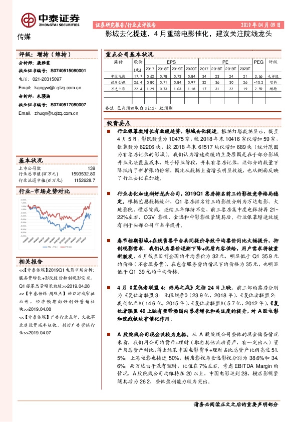传媒行业点评报告：影城去化提速，4月重磅电影催化，建议关注院线龙头
