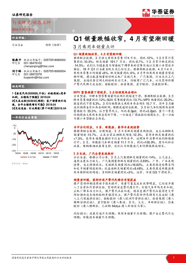 3月乘用车销量点评：Q1销量跌幅收窄，4月有望渐回暖