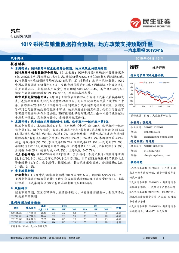 汽车周报：1Q19乘用车销量数据符合预期，地方政策支持预期升温
