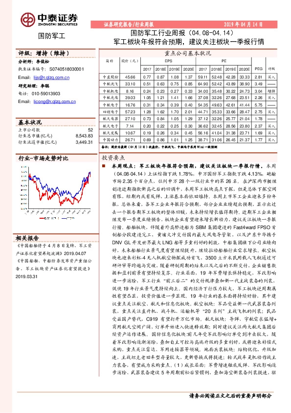 国防军工行业周报：军工板块年报符合预期，建议关注板块一季报行情