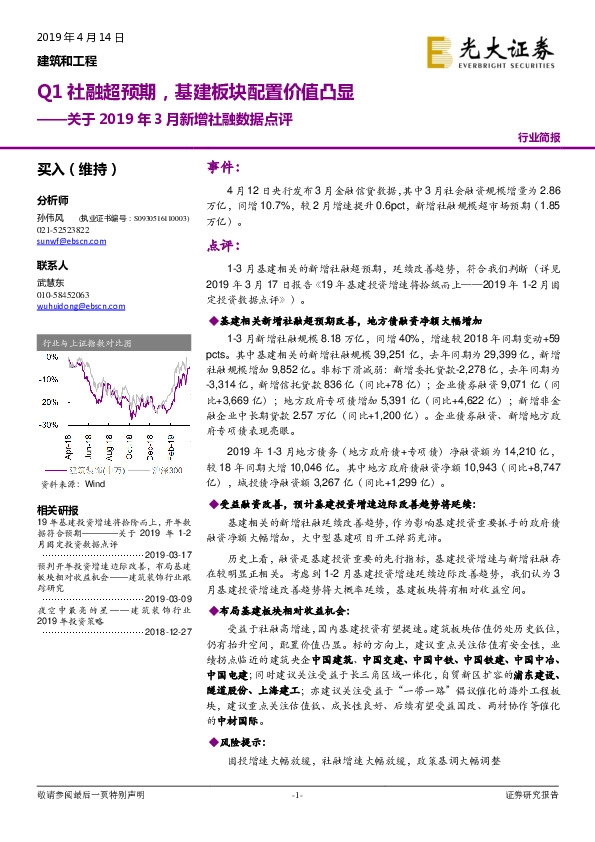 建筑和工程关于2019年3月新增社融数据点评：Q1社融超预期，基建板块配置价值凸显