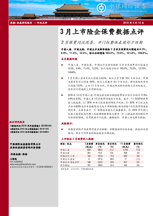 3月上市险企保费数据点评：3月保费同比改善，开门红整体表现好于预期