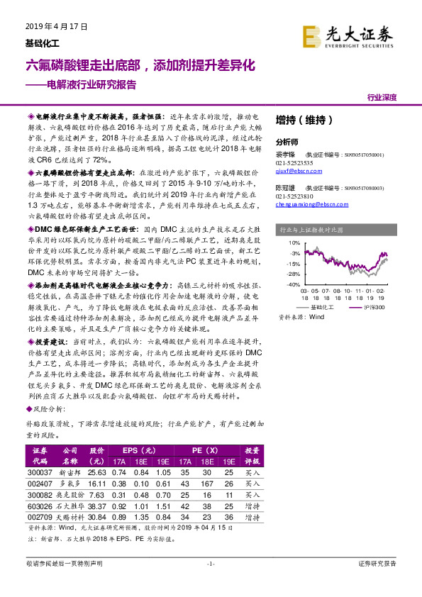 电解液行业研究报告：六氟磷酸锂走出底部，添加剂提升差异化