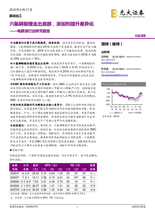 电解液行业研究报告：六氟磷酸锂走出底部，添加剂提升差异化