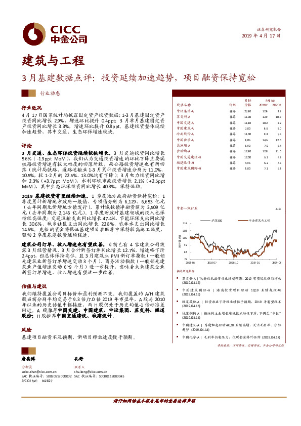 建筑与工程行业动态：3月基建数据点评：投资延续加速趋势，项目融资保持宽松