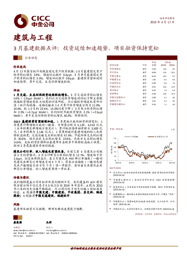 建筑与工程行业动态：3月基建数据点评：投资延续加速趋势，项目融资保持宽松