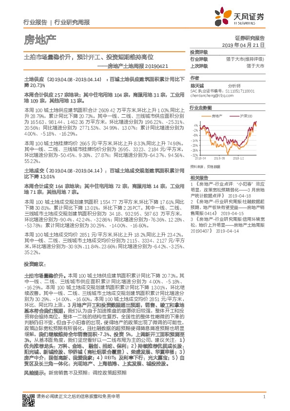 房地产土地周报：土拍市场量稳价升，预计开工、投资短期维持高位