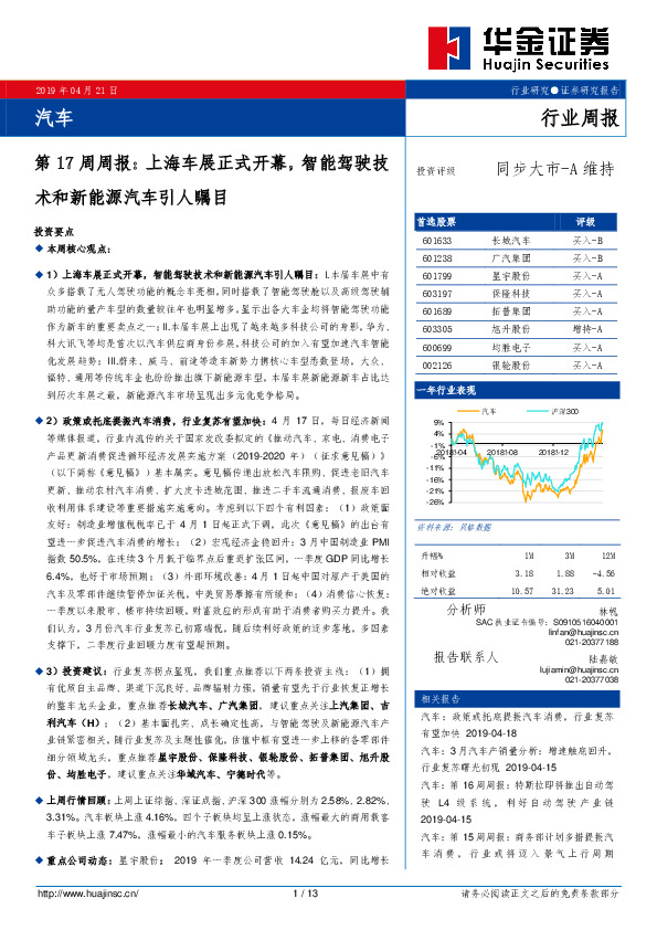 汽车第17周周报：上海车展正式开幕，智能驾驶技术和新能源汽车引人瞩目