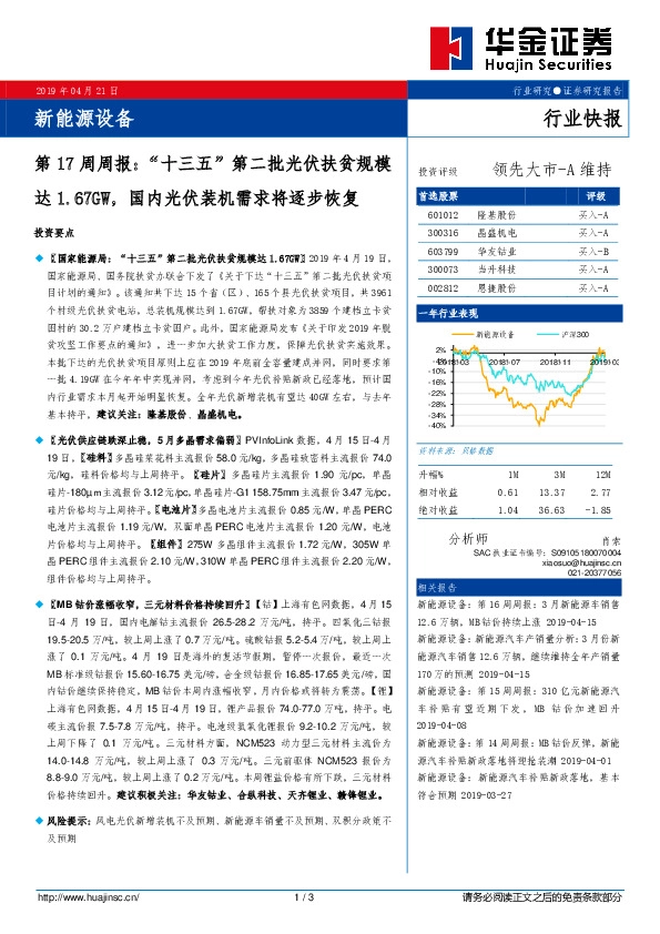 新能源设备第17周周报：“十三五”第二批光伏扶贫规模达1.67GW，国内光伏装机需求将逐步恢复
