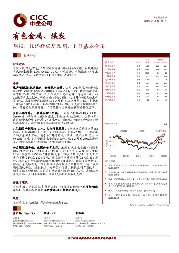有色金属、煤炭周报：经济数据超预期，利好基本金属