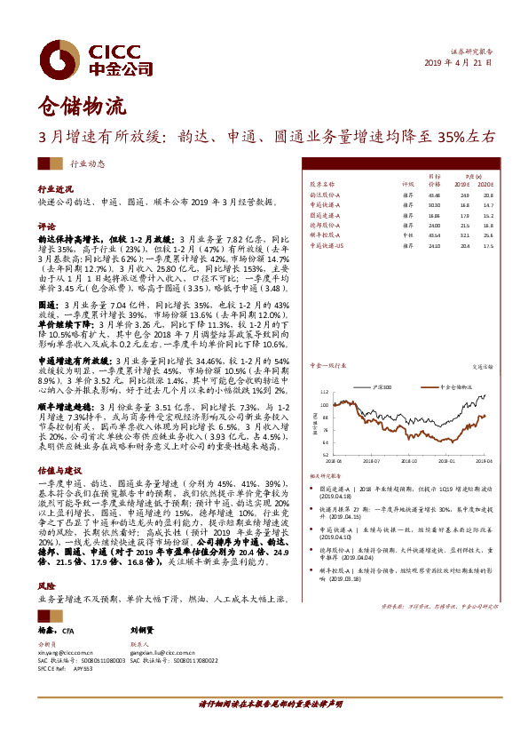 仓储物流：3月增速有所放缓：韵达、申通、圆通业务量增速均降至35%左右