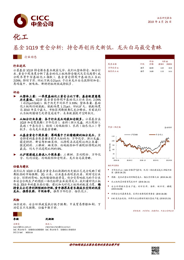 化工：基金1Q19重仓分析：持仓再创历史新低，龙头白马最受青睐
