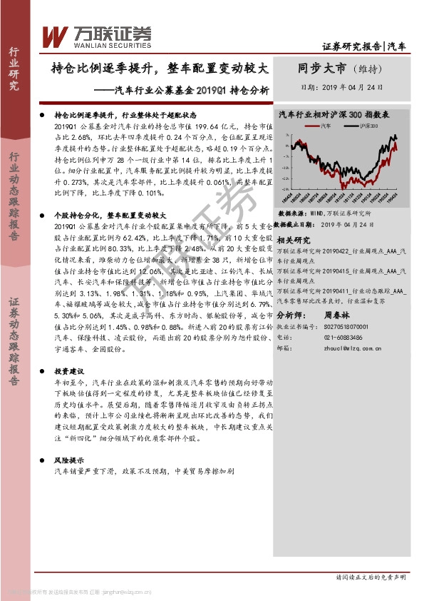 汽车行业公募基金2019Q1持仓分析：持仓比例逐季提升，整车配置变动较大