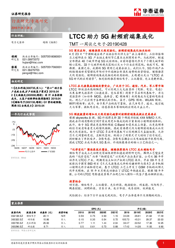 TMT一周谈之电子专题研究：LTCC助力5G射频前端集成化