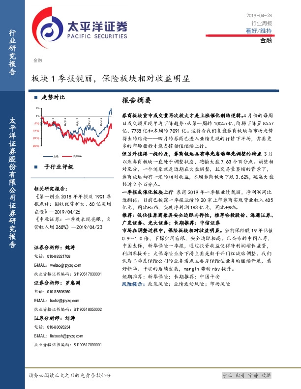 金融行业周报：板块1季报靓丽，保险板块相对收益明显