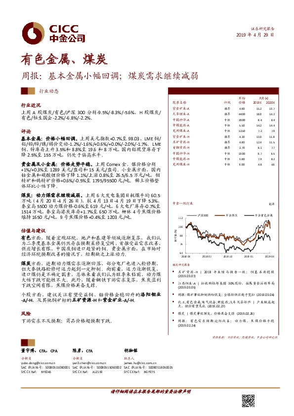 有色金属、煤炭周报：基本金属小幅回调；煤炭需求继续减弱