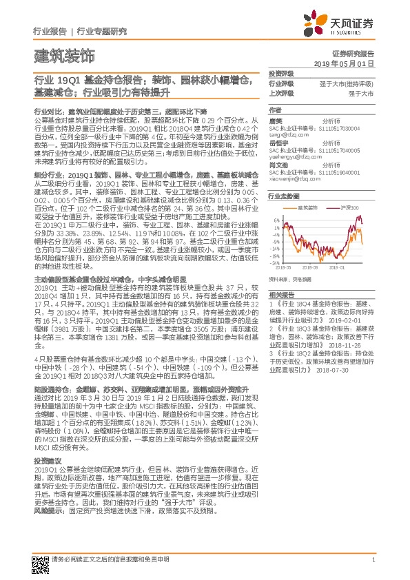 建筑装饰行业19Q1基金持仓报告：装饰、园林获小幅增仓，基建减仓；行业吸引力有待提升