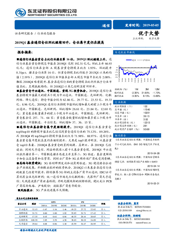 通信行业动态报告：2019Q1基金通信仓位环比继续回升，仓位集中度仍在提高