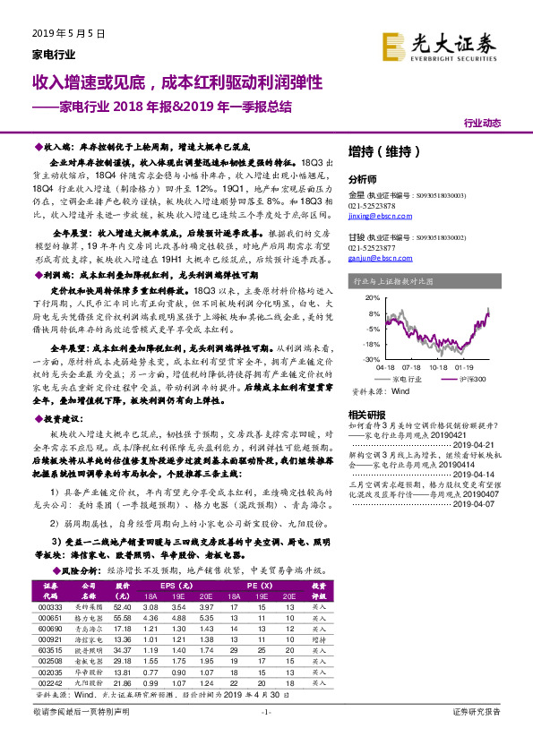 家电行业2018年报&2019年一季报总结：收入增速或见底，成本红利驱动利润弹性
