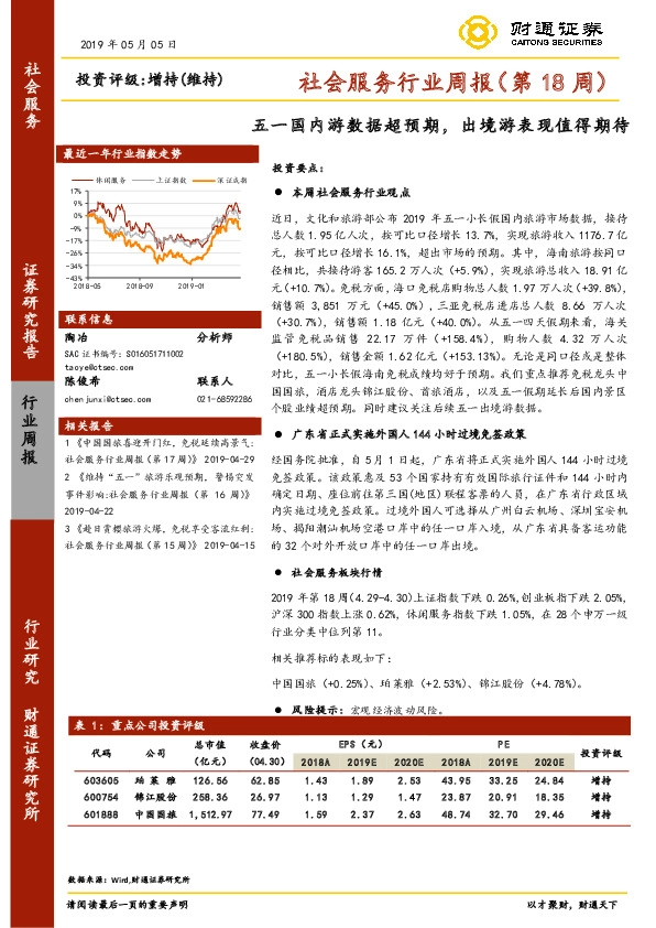 社会服务行业周报（第18周）：五一国内游数据超预期，出境游表现值得期待