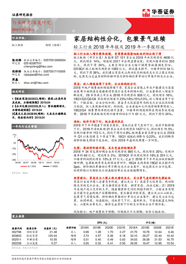 轻工行业2018年年报及2019年一季报综述：家居结构性分化，包装景气延续
