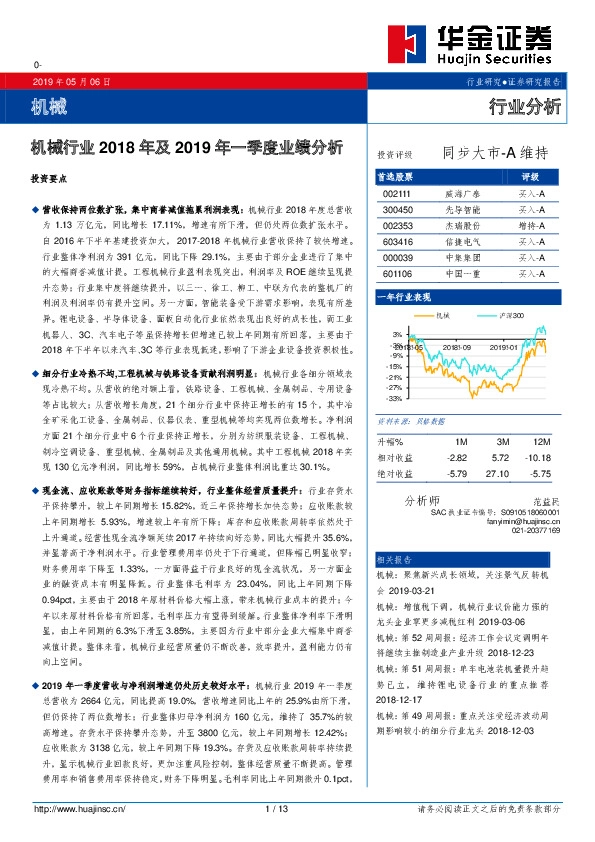 机械行业2018年及2019年一季度业绩分析