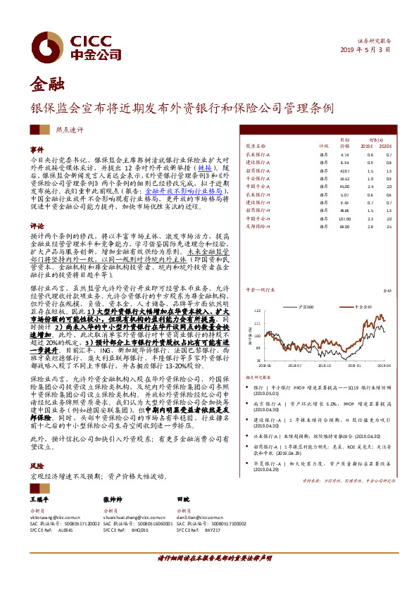 金融：银保监会宣布将近期发布外资银行和保险公司管理条例