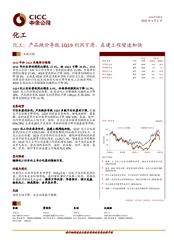 化工业绩回顾：产品跌价导致1Q19利润下滑，在建工程增速加快