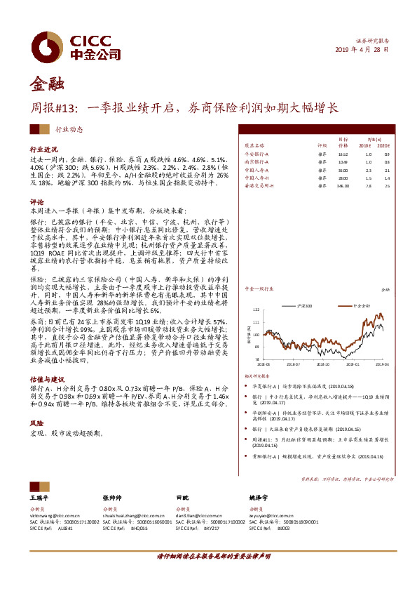 金融周报13：一季报业绩开启，券商保险利润如期大幅增长
