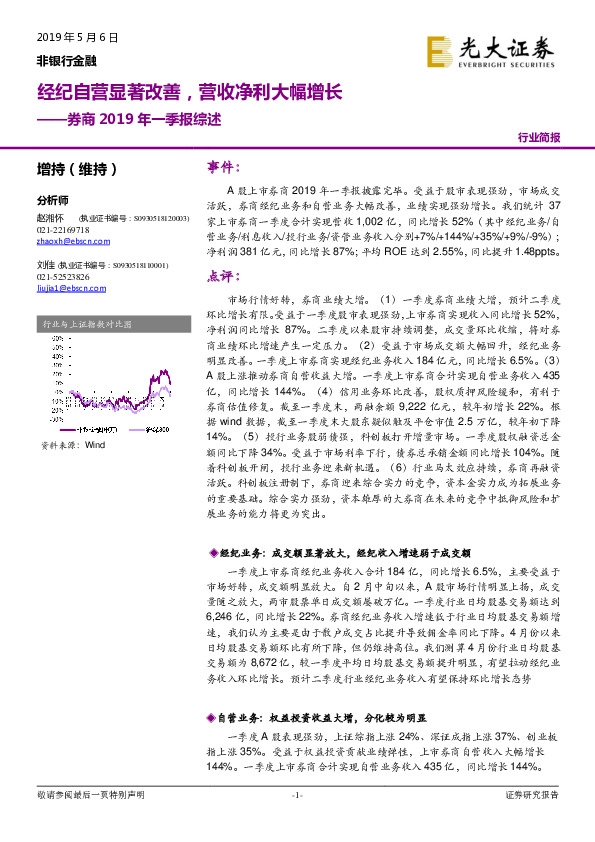 券商2019年一季报综述：经纪自营显著改善，营收净利大幅增长