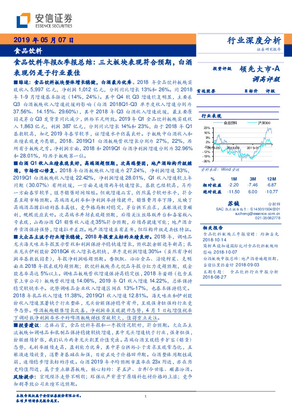 食品饮料年报&季报总结：三大板块表现符合预期，白酒表现仍是子行业最佳