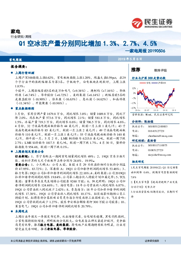 家电周报：Q1空冰洗产量分别同比增加1.3%、2.7%、4.5%