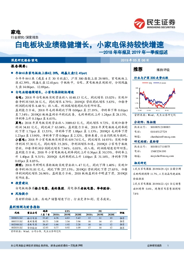 家电2018年年报及2019年一季报综述：白电板块业绩稳健增长，小家电保持较快增速